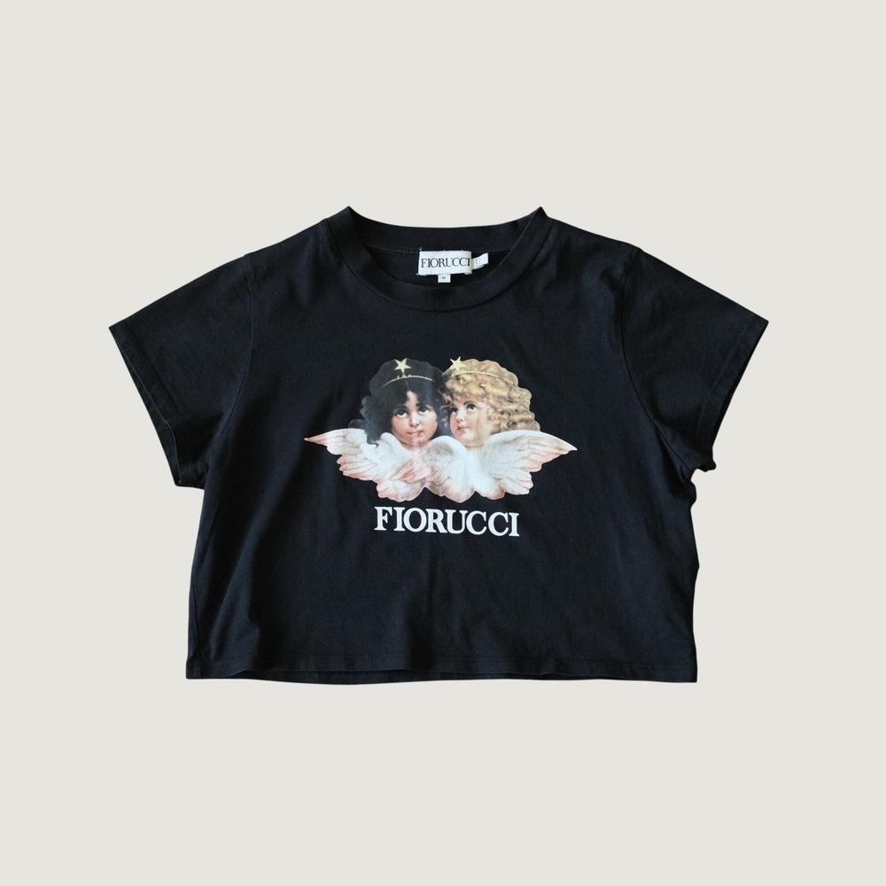 Fiorucci Angel Graphic Cropped T-Shirt Black Cotton Short Sleeve Size M Portugal
